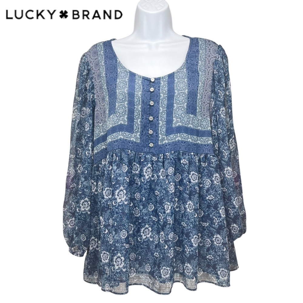 Lucky Brand Women's XL Blue Sheer Empire Waist Sheer Boho Tunic Peasant Blouse‎